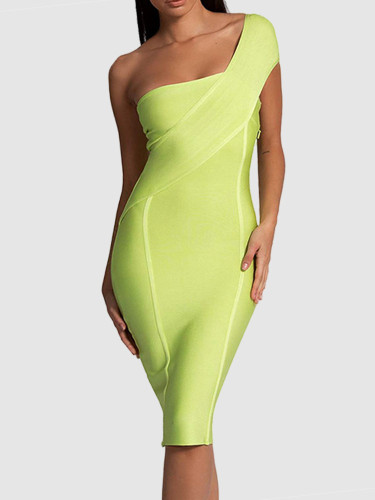 Side Zipper Bandage Bodycon One Shoulder Midi Dress