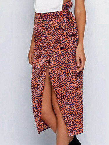 Wrap Bow Satin Midi Skirt In Leopard Print