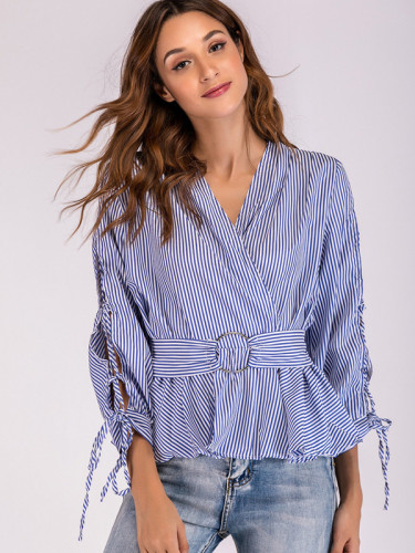 OneBling O-Ring Detail Wrap Front Split Tie Sleeve Striped Blouses