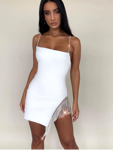 Cami Mini Pencil Dress with Cross Back and Crystal Fringe Design