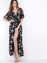OneBling Blossom Print Batwing Sleeve Maxi Wrap Dress