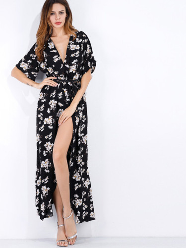OneBling Blossom Print Batwing Sleeve Maxi Wrap Dress