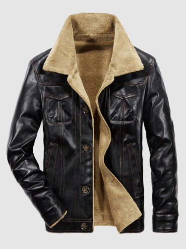 Men's Leather Jacket with Fur Lining and Turn-down Collar