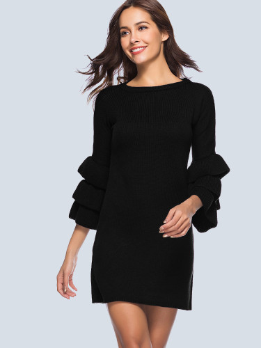 OneBling Ruffle Sleeve O-Neck Casual Long Sweater Dress