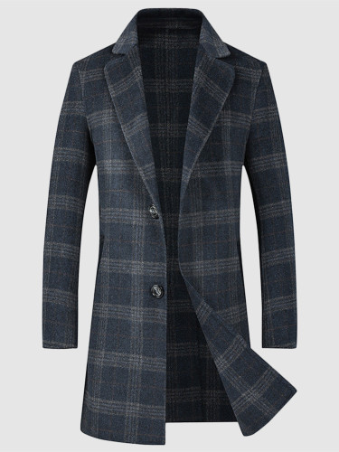 Longline Double-Sided Wool Check Overcoat For Men