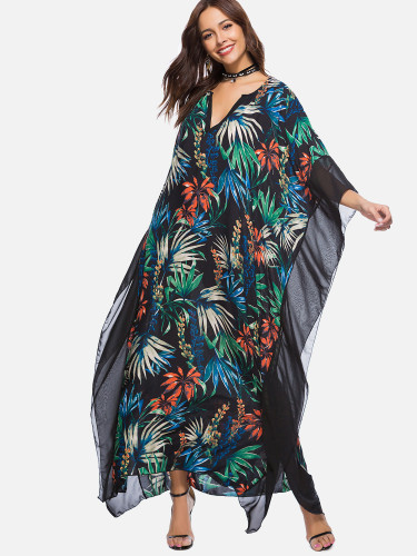 OneBling Botanical Print Contrast Trim Oversized Dress