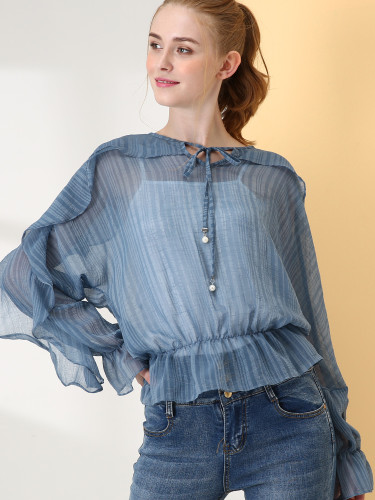 OneBling Ruffles Embellished Batwing Sleeve Tie Front 2 In 1 Striped Blouses