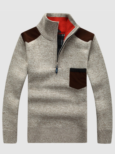 Half Zip Men Jumper with Contrast Pocket and Check Lining