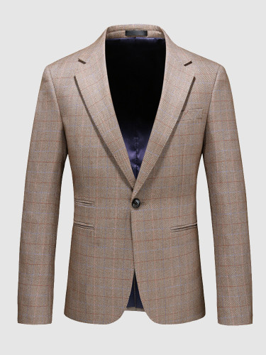 Men's Casual Suit Jacket One Button Check Khaki Blazer
