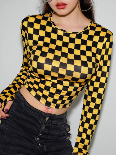 OneBling Finger Hole Detail Long Sleeve Crop T-Shirt In Yellow Check