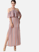 OneBling Slit Side Cold Shoulder Contrast Striped Maxi Flounced Dress