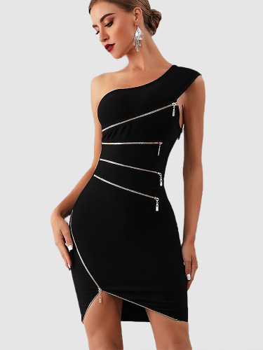 One Shoulder Bodycon Mini Dress In Black with Zips