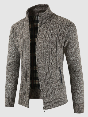 Knitted Check Lined Thick Stand Up Collar Zipper Men Jacket