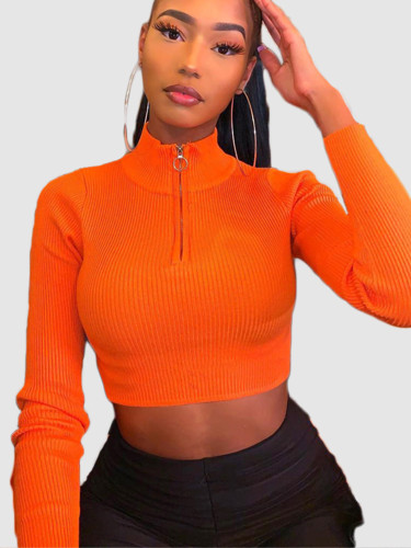 OneBling Rib Knitted Women Turtleneck Sweater Woman Long Sleeve Pullover Zipper Crop Tops Female Short Jumper