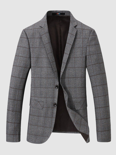 Men's Khaki Check Blazer Two Button Casual Suit Jacket