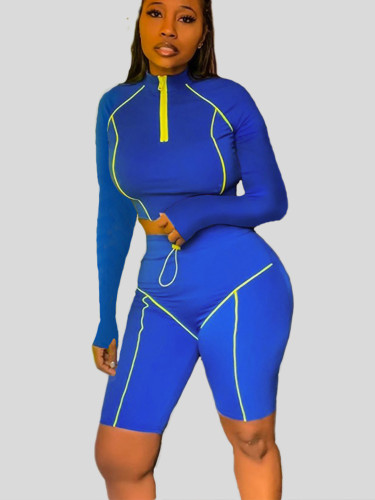 OneBling Neon Piping Zipper Fitness Women Two Piece Outfits 2019 Summer Long Sleeve Crop Top Elastic Band High Waist Shorts Sets