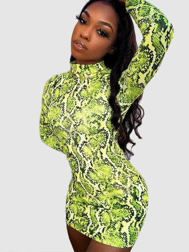 High Neck Bodycon Mini Dress In Green Snake