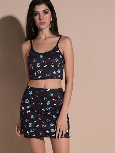 OneBling Mixed Print Two Piece Outfits Cami Crop Top and High Waist Skirt