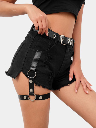 Black Denim Shorts with Garter Belt Detail