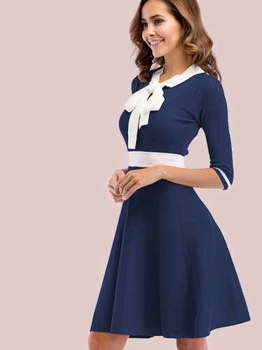 OneBling Half Sleeve Bow Tie Neck Contrast Knit Fit and Flare Dress