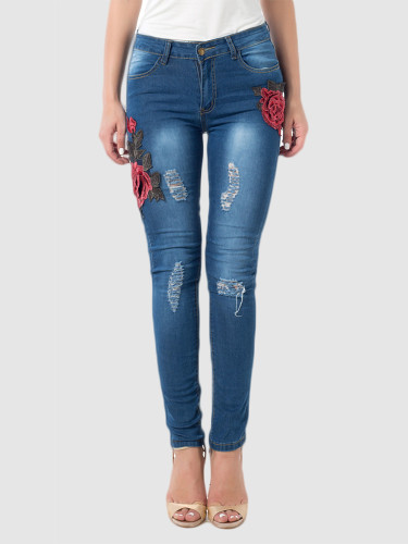 OneBling Plus Size Ripped Skinny Jeans with 3D Floral Embroidery Detail