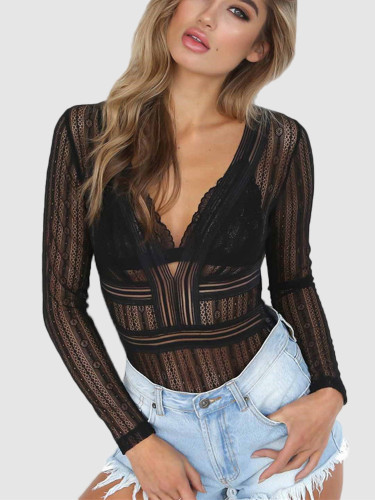 Long Sleeve Lace Plunge Bodysuit with Open Back