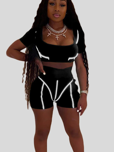OneBling Reflective Stripe Women Fitness Two Piece Set 2019 Summer Tracksuit Short Sleeve Crop Top and High Waist Shorts Outfits