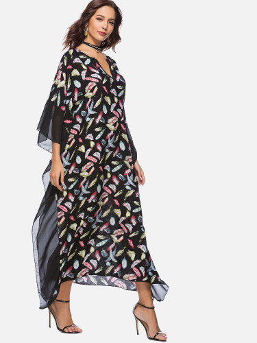 OneBling Feather Print Contrast Slit Side Beach Dress