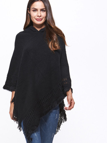 OneBling Cable Knit Tassels Trim Hooded Poncho Cape