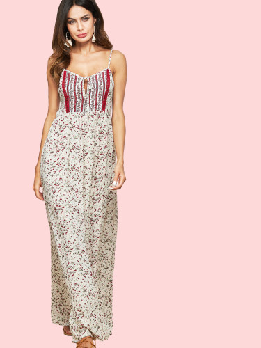 OneBling Ladder Cut Back Tie Front Striped Floral Maxi Dress