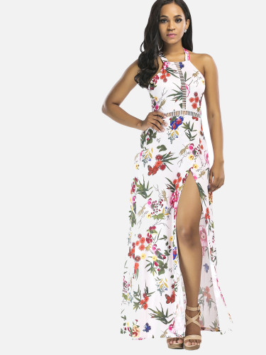 OneBling Sleeveless Halter Dress Backless High Split Floral Printed Women Beach Dress