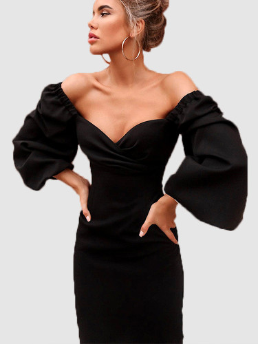 Sweetheart Wrap Front Midi Dress with Puff Sleeve