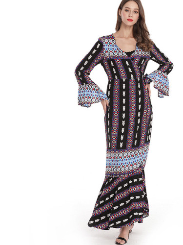 OneBling Fluted Sleeve Wrap Front Pephem Maxi Dress with Tribal striped Print