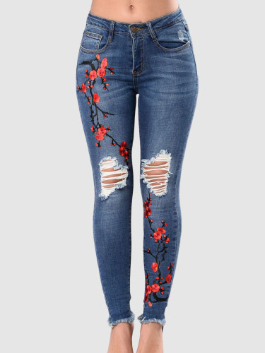 OneBling Plus Size Plum Blossom Embroidery Distressed Mid-Rise Jeans with Raw Hem