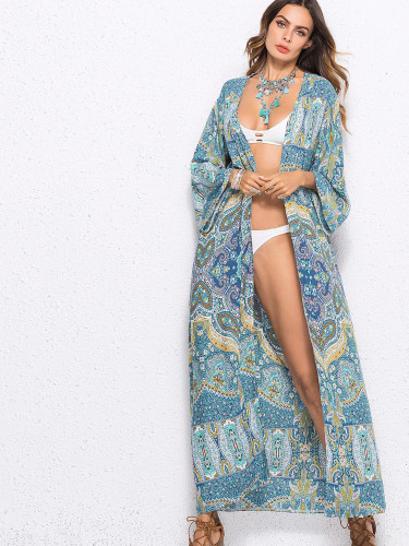 OneBling Long Sleeve Printed Beach Kimono Cover Up