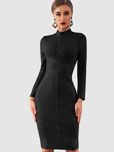 Rib Bandage Long Sleeve Midi Evening Party Dress