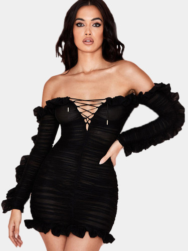 Sheer Mesh Off Shoulder Mini Frill Hem Dress In Black with Lace Up Detail