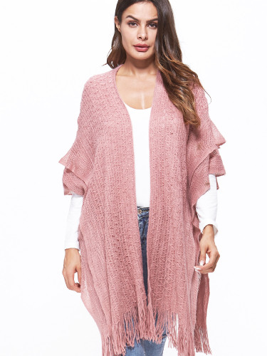 OneBling Cable Knit Poncho Cape with Double Layer and Tassels Hem