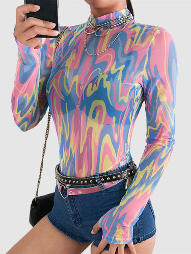 High Neck Bodysuit with Tie Dye Mesh with Long Sleeve