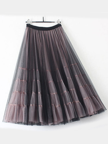 OneBling Two Layer Mesh Pleated Maxi Skirt with Tiered
