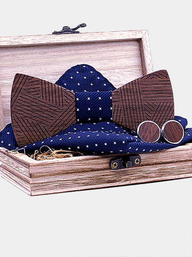 Men's Handkerchief Cufflinks Striped Wooden Bowtie Sets