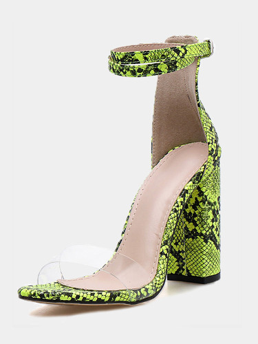 OneBling Ankle Strap Clear Detail Block Heeled Sandals In Green Snake / 11CM