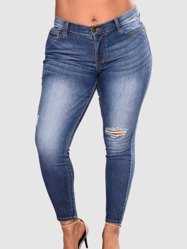 OneBling Plus Size Curve High Waisted Slim Jeans with Knee Rip