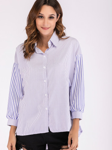 OneBling Dropped Shoulder Contrast Sleeve Pinstripe High Low Shirt