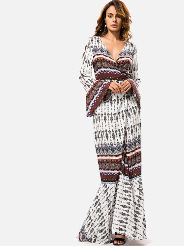 OneBling Deep V Flare Sleeve Beach Bohemian Floral Print Women Long Dress