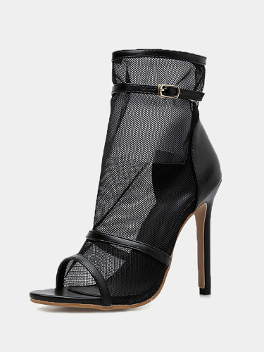 OneBling Black Mesh Peep Toe Stiletto Ankle Boots with Ankle Strap /11CM