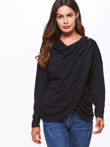 OneBling Wrap Front Draped Detail Drop Shoulder T-Shirt with Button