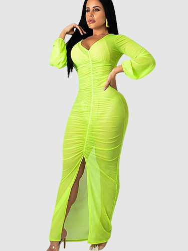 Long Sleeve Mesh Ruched Maxi Dress with Split Front