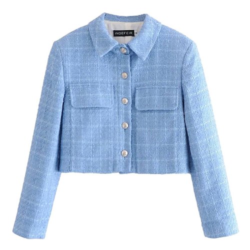 Blue Color Tweed Lady Coat Single-Breasted