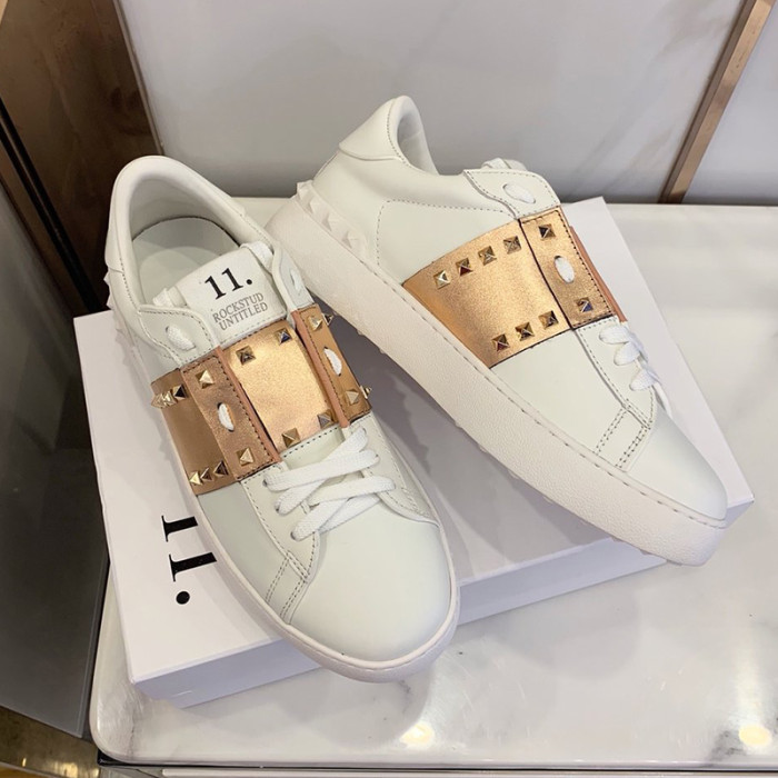 Valentino Women Shoes Fashion Design Luxury Brand ROCKSTUD UNTITLED SNEAKER IN CALFSKIN LEATHER WITH METALLIC STRIPE